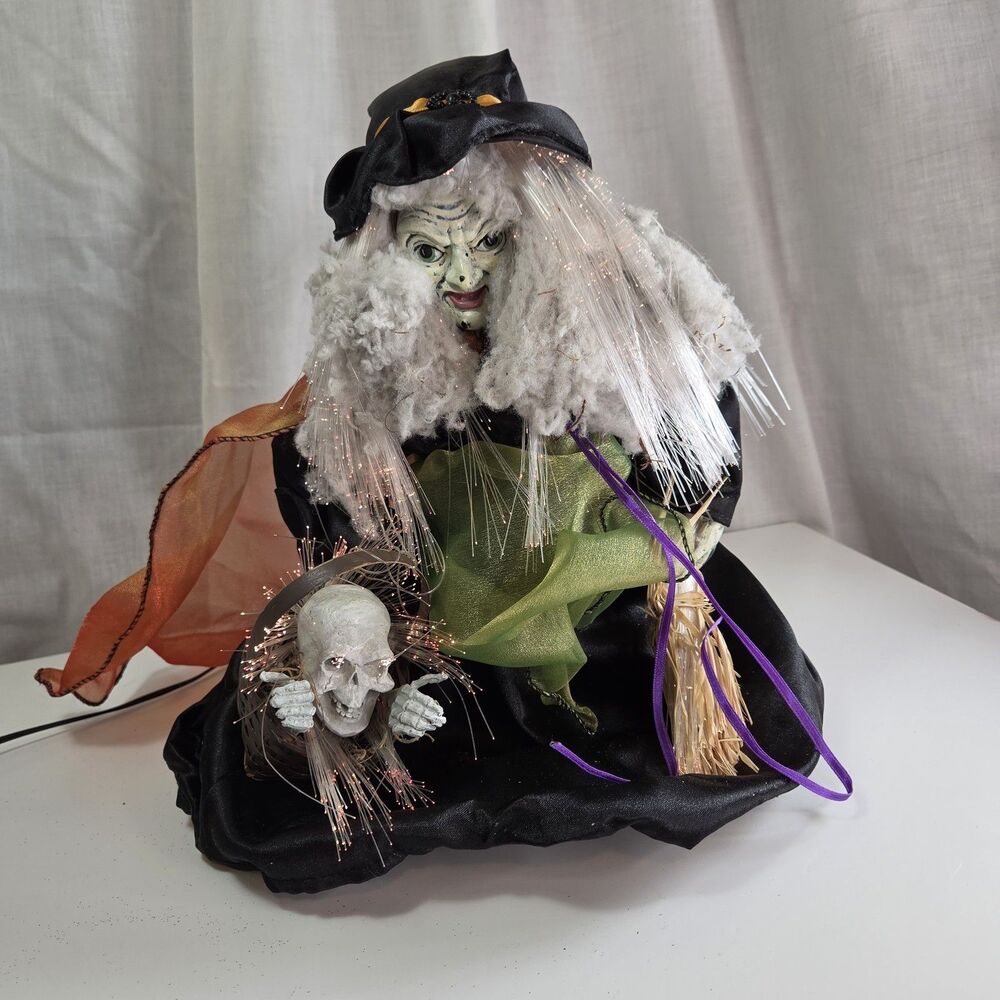 Vintage 90s Fiber Optic Spooky Witch Table Figurine Broom, Skeleton - WORKING